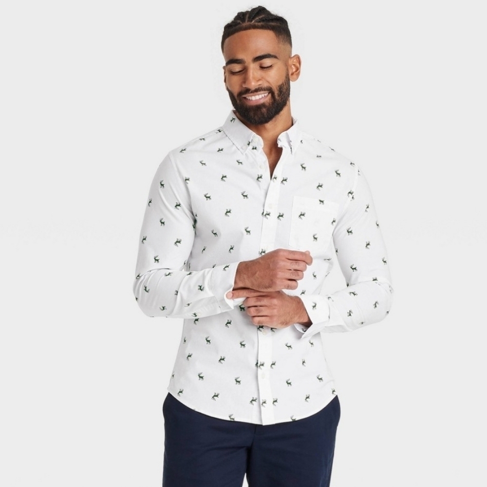 Men's Long Sleeve Reindeer Print Poplin Shirt - Goodfellow & Co White S